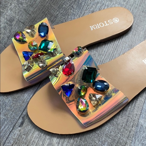 Slippers slides with rhinestones. Worn once - Picture 4 of 4